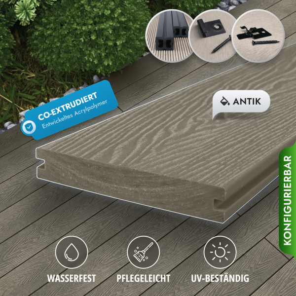 Bausatz, WPC Premium Terrassendiele 2. Generation, Massiv, 23 x 140 mm, Wellenstruktur / glatt, Antik
