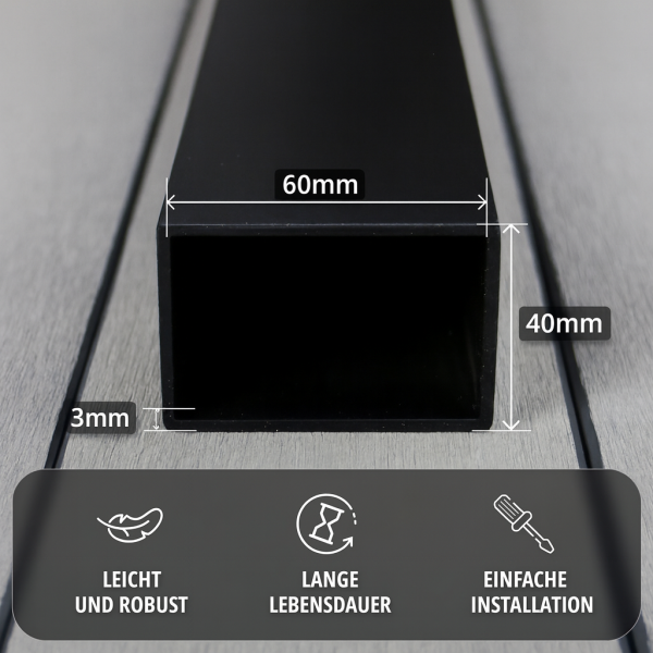 Aluminium Unterkonstruktion 40 x 60 mm, Stärke 3 mm, Schwarz