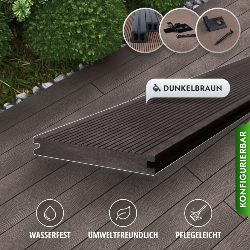 Bausatz, WPC Terrassendiele Massiv, 20 x 140 mm, glatt / fein, Dunkelbraun