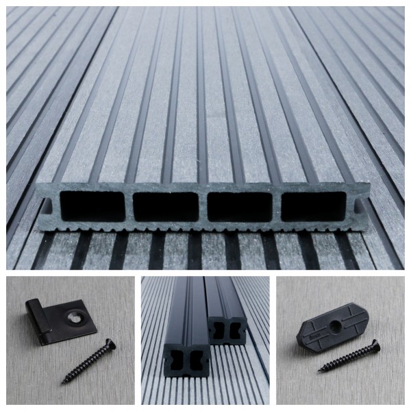 Bausatz, WPC Standard-Terrassendiele Hohldiele, 24 x 146 mm, grob / fein, Grau