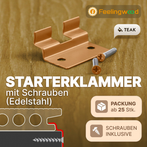 FeelingWood Starterklammer mit Schrauben (Edelstahl), Teak