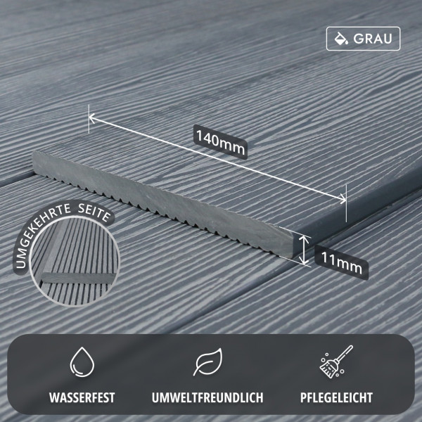 WPC Abschlussleiste in Holzoptik, 11 x 140 mm, Wellenstruktur / fein, Grau