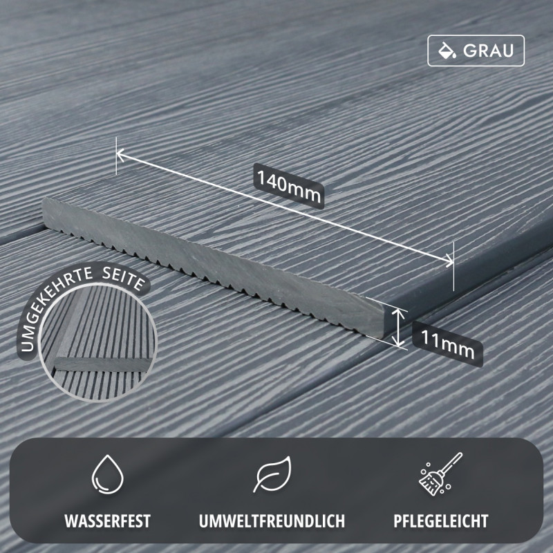WPC Abschlussleiste in Holzoptik, 11 x 140 mm, Wellenstruktur / fein, Grau