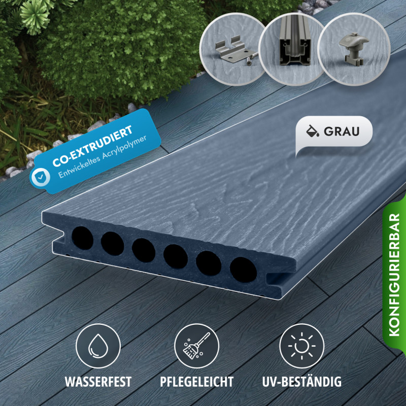 Bausatz + Aluminium-Profil, WPC Premium Terrassendiele, 25 x 150 mm, Wellenstruktur, Grau