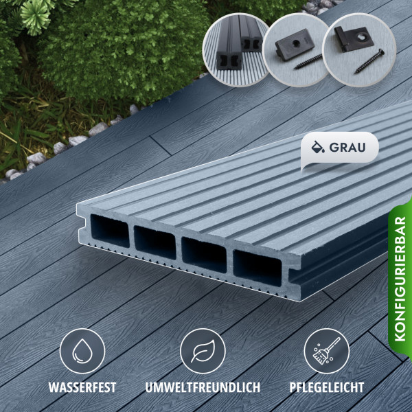 Bausatz, WPC Terrassendiele, Hohldiele, 24 x 146 mm, grob / fein, Grau