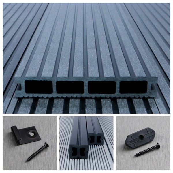 Bausatz, WPC Standard-Terrassendiele Hohldiele, 24 x 146 mm, grob / fein, Dunkelgrau