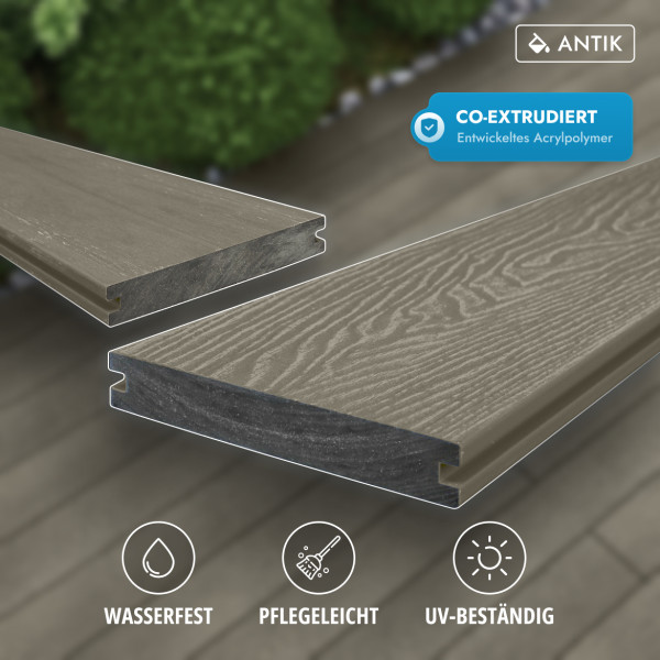 WPC Premium Terrassendiele 2. Generation, Massiv, 23 x 140 mm, Wellenstruktur / glatt, Antik