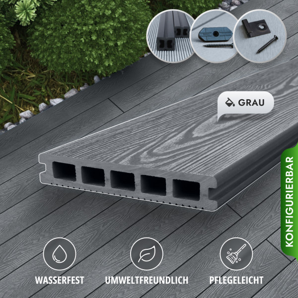 Bausatz, WPC Terrassendiele in Holzoptik, 25 x 148 mm, Wellenstruktur / fein, Grau