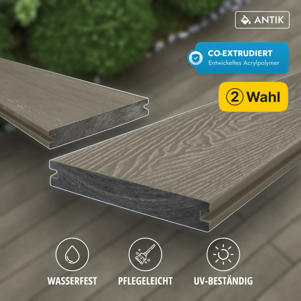 2.Wahl, WPC Premium Terrassendiele 2. Generation, Massiv, 23 x 140 mm, Wellenstruktur / glatt, Walnuss