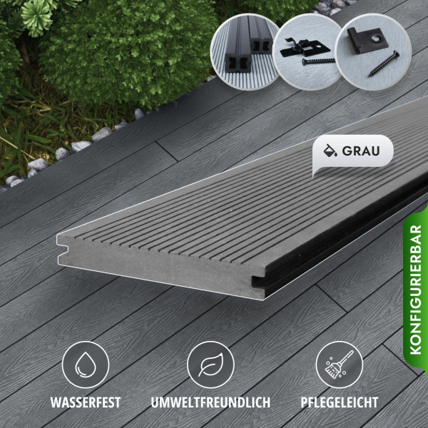 Bausatz, WPC Terrassendiele Massiv, 20 x 140 mm, glatt / fein, Grau