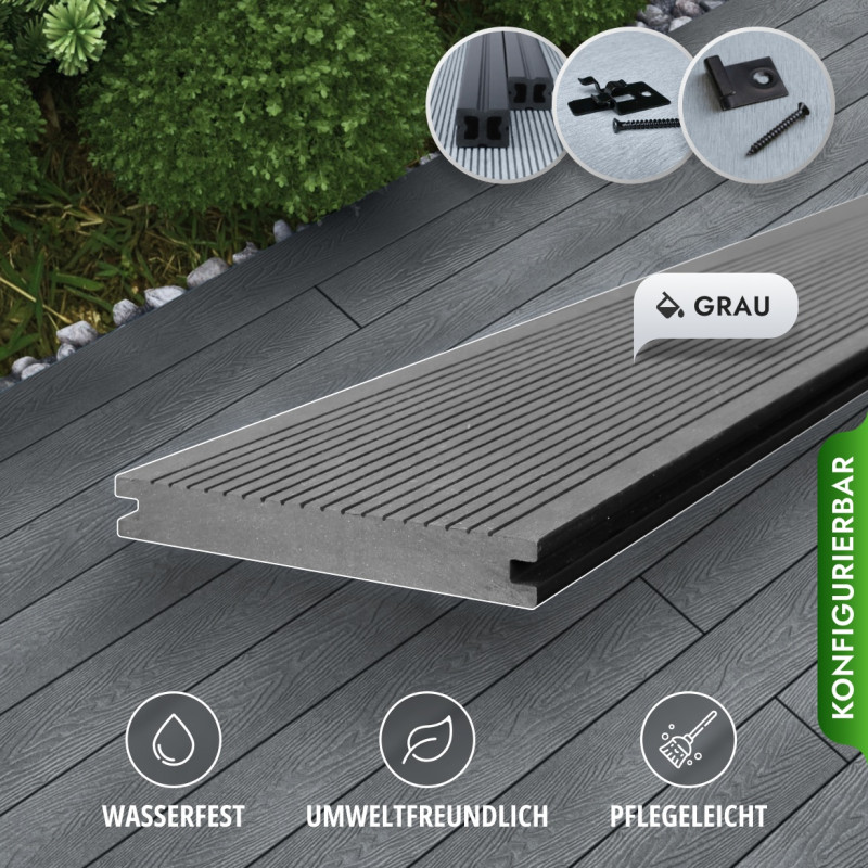 Bausatz, WPC Terrassendiele Massiv, 20 x 140 mm, glatt / fein, Grau