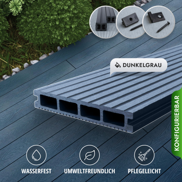 Bausatz, WPC Terrassendiele, Hohldiele, 24 x 146 mm, grob / fein, Dunkelgrau