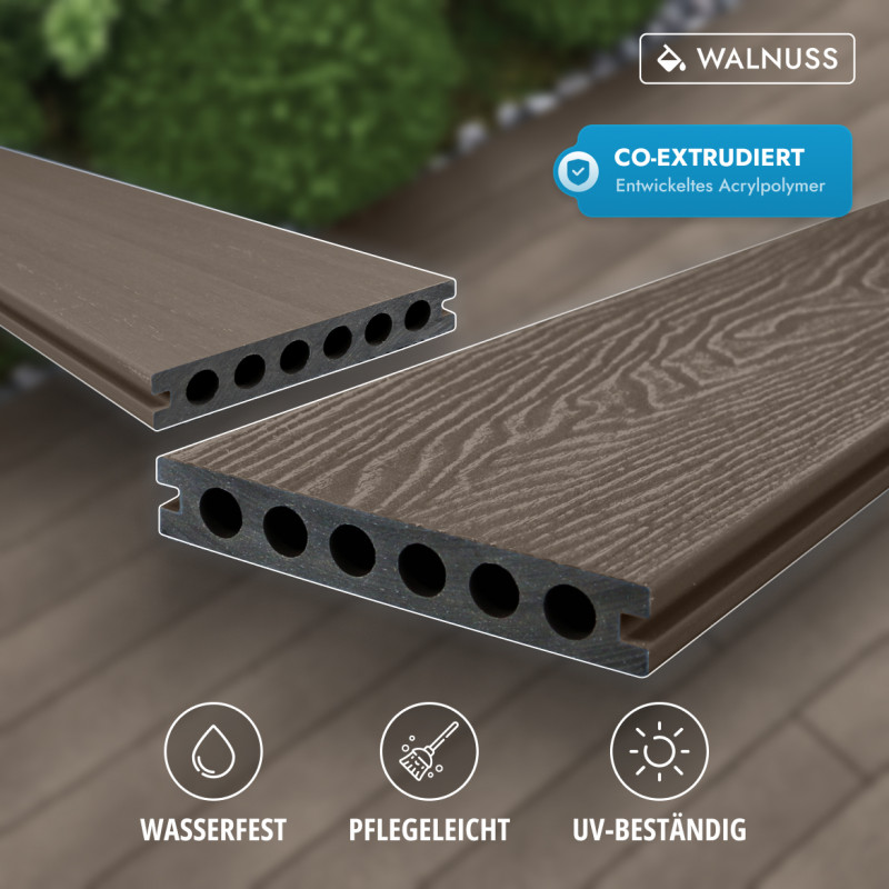 WPC Premium Terrassendiele 2. Generation, 23 x 142 mm, Wellenstruktur / glatt, Walnuss