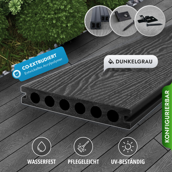 Bausatz, WPC Premium Terrassendiele 2. Generation, 23 x 142 mm, Wellenstruktur / glatt, Dunkelgrau