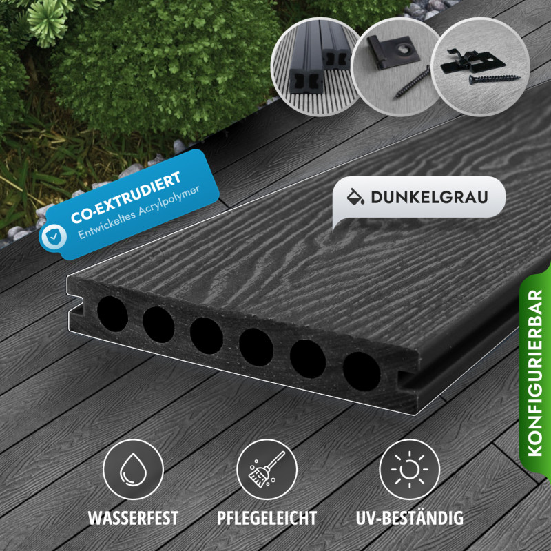 Bausatz, WPC Premium Terrassendiele 2. Generation, 23 x 142 mm, Wellenstruktur / glatt, Dunkelgrau