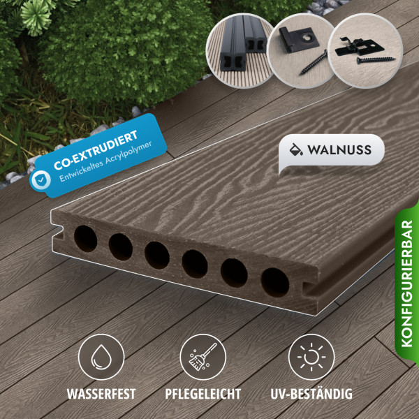Bausatz, WPC Premium Terrassendiele 2. Generation, 23 x 142 mm, Wellenstruktur / glatt, Walnuss