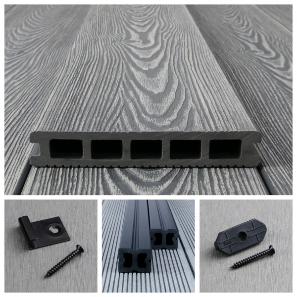 Bausatz, WPC 3D-geprägte Terrassendiele, 25 x 148 mm, wellenstruktur/fein, Grau