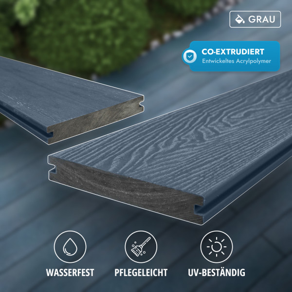 WPC Premium Terrassendiele 2. Generation, Massiv, 23 x 140 mm, Wellenstruktur / glatt, Grau