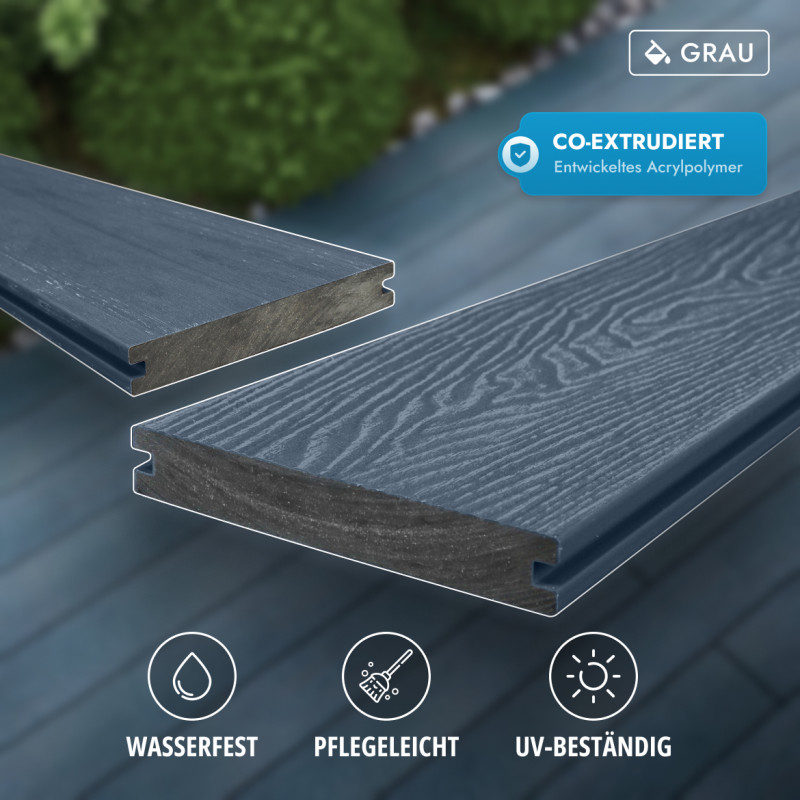 WPC Premium Terrassendiele 2. Generation, Massiv, 23 x 140 mm, Wellenstruktur / glatt, Grau