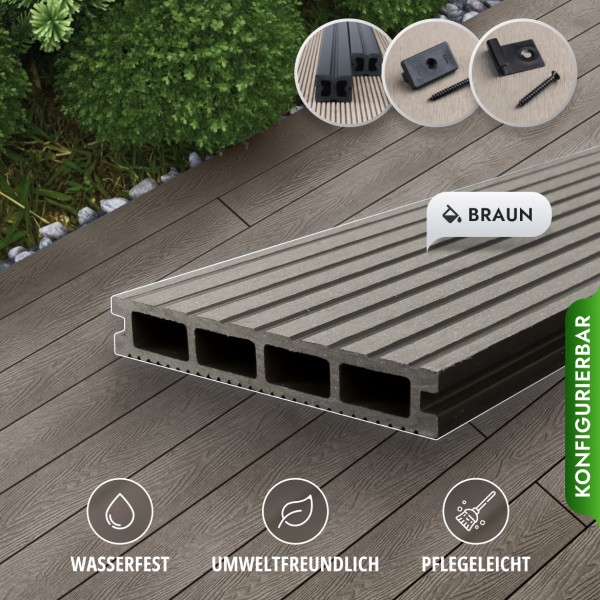 Bausatz, WPC Terrassendiele, Hohldiele, 24 x 146 mm, grob / fein, Braun