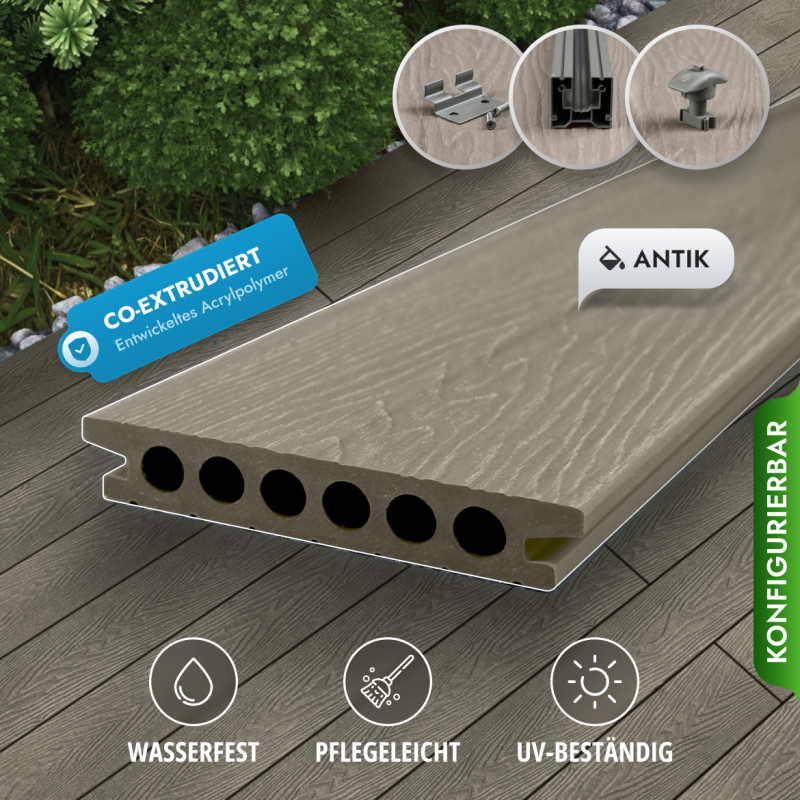 Bausatz + Aluminium-Profil, WPC Premium Terrassendiele, 25 x 150 mm, Wellenstruktur, Antik
