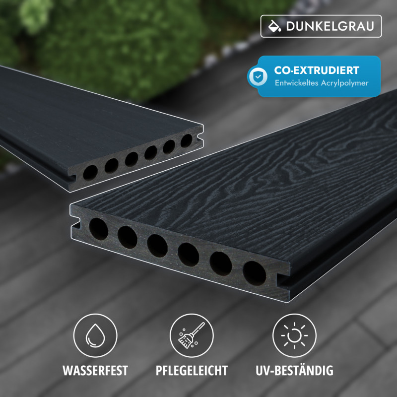 WPC Premium Terrassendiele 2. Generation, 23 x 142 mm, Wellenstruktur / glatt, Dunkelgrau