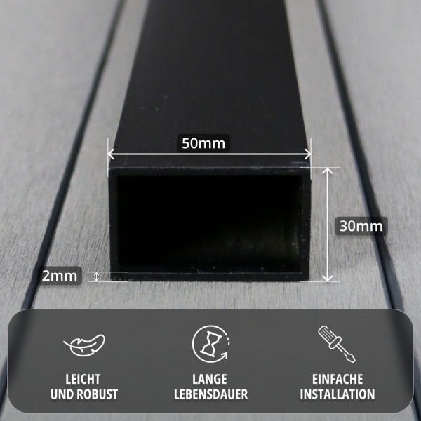 Aluminium Unterkonstruktion 30 x 50 mm, Stärke 2 mm, Schwarz