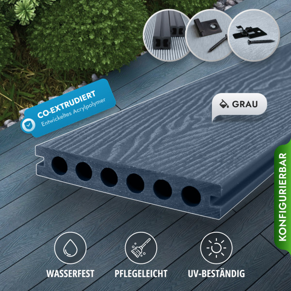 Bausatz, WPC Premium Terrassendiele 2. Generation, 23 x 142 mm, Wellenstruktur / glatt, Grau