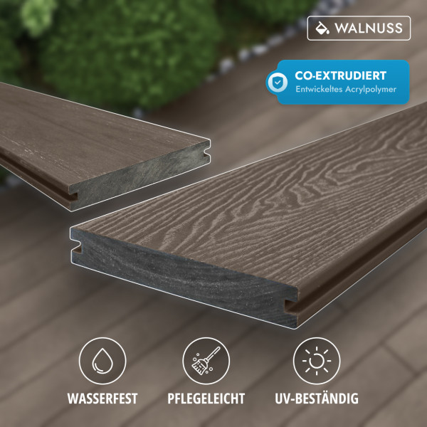 WPC Premium Terrassendiele 2. Generation, Massiv, 23 x 140 mm, Wellenstruktur / glatt, Walnuss