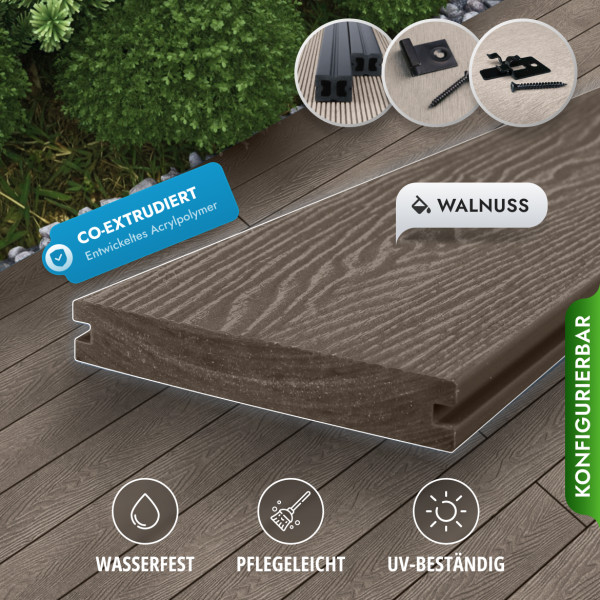 Bausatz, WPC Premium Terrassendiele 2. Generation, Massiv, 23 x 140 mm, Wellenstruktur / glatt, Walnuss