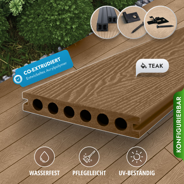 Bausatz, WPC Premium Terrassendiele 2. Generation, 23 x 142 mm, Wellenstruktur / glatt, Teak