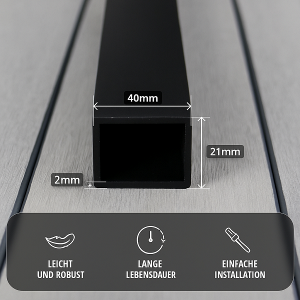 Aluminium Unterkonstruktion 21 x 40 mm, Stärke 2 mm, Schwarz