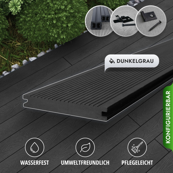Bausatz, WPC Terrassendiele Massiv, 20 x 140 mm, glatt / fein, Dunkelgrau