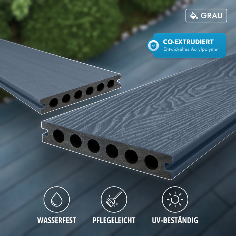 WPC Premium Terrassendiele 2. Generation, 23 x 142 mm, Wellenstruktur / glatt, Grau