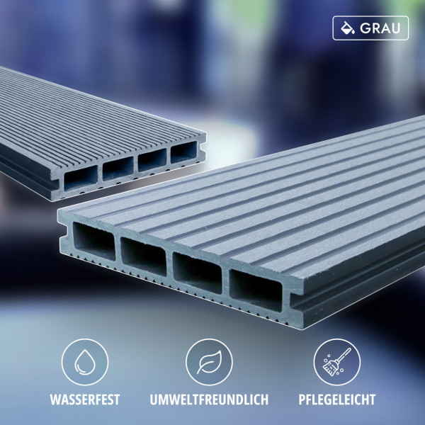 WPC Terrassendiele, Hohldiele, 24 x 146 mm, grob / fein, Grau