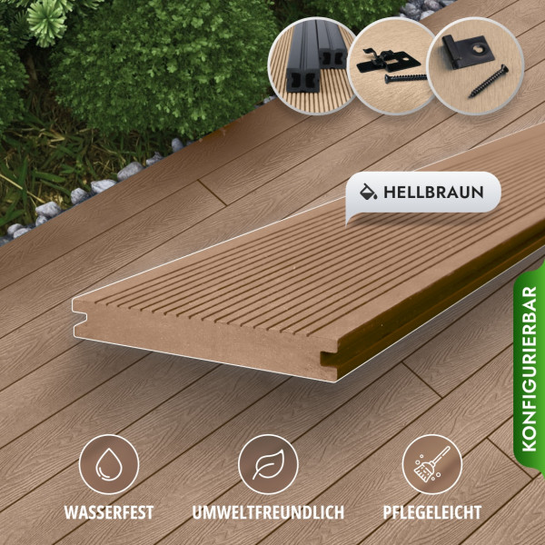 Bausatz, WPC Terrassendiele Massiv, 20 x 140 mm, glatt / fein, Hellbraun
