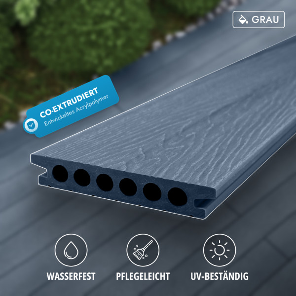 FeelingWood WPC Premium Terrassendiele in Holzoptik, 25 x 150 mm, Wellenstruktur, Grau