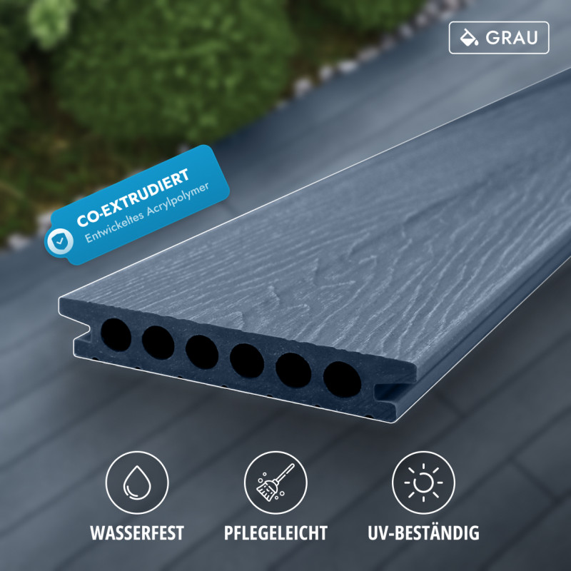 WPC Premium Terrassendiele 2. Generation in Holzoptik, 25 x 150 mm, Wellenstruktur, Grau