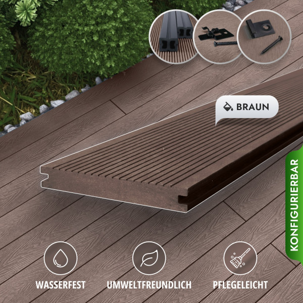 Bausatz, WPC Terrassendiele Massiv, 20 x 140 mm, glatt / fein, Braun