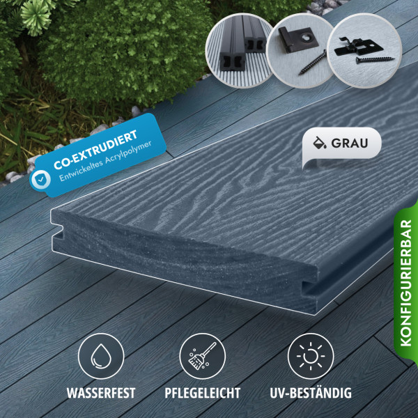 Bausatz, WPC Premium Terrassendiele 2. Generation, Massiv, 23 x 140 mm, Wellenstruktur / glatt, Grau