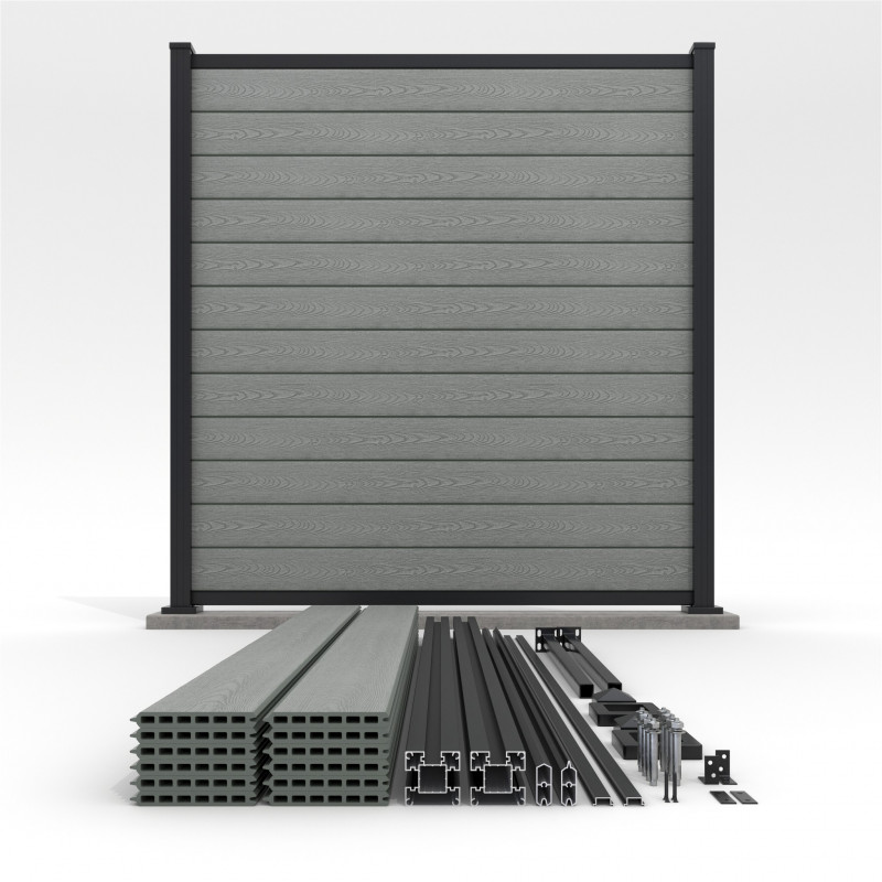 Bausatz, WPC Zaun mit Aluminium-Pfosten (zum Aufschrauben), Grau