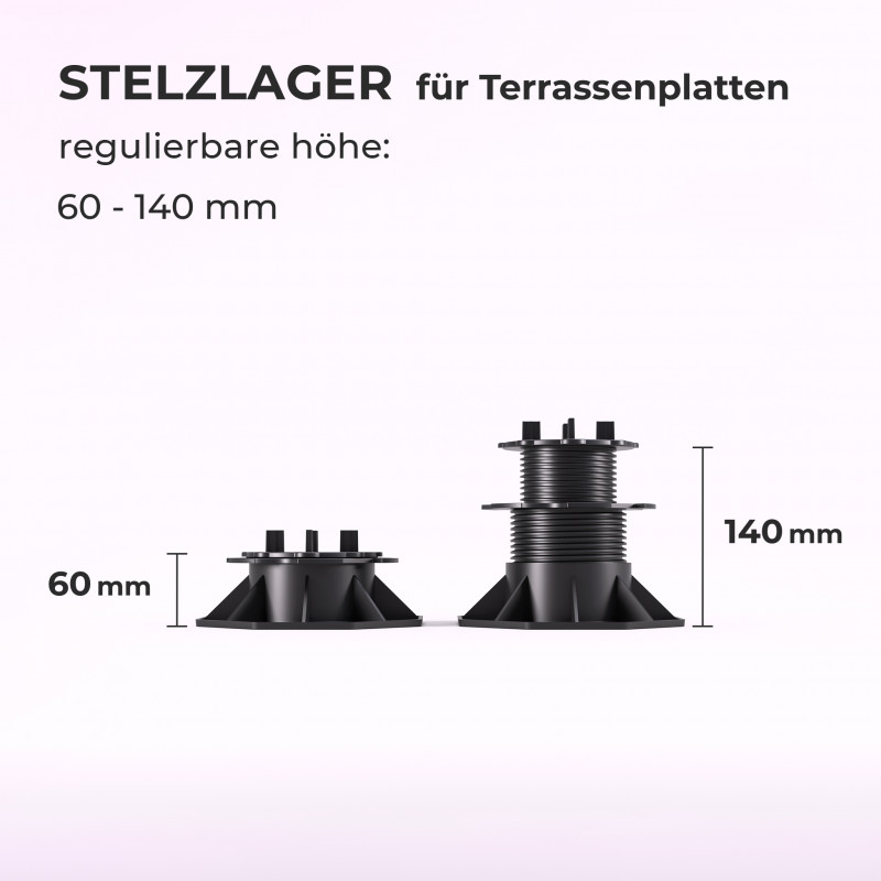 Stelzlager höhenverstellbar für Terrassen-Platten, 4 Größen (18–220 mm)