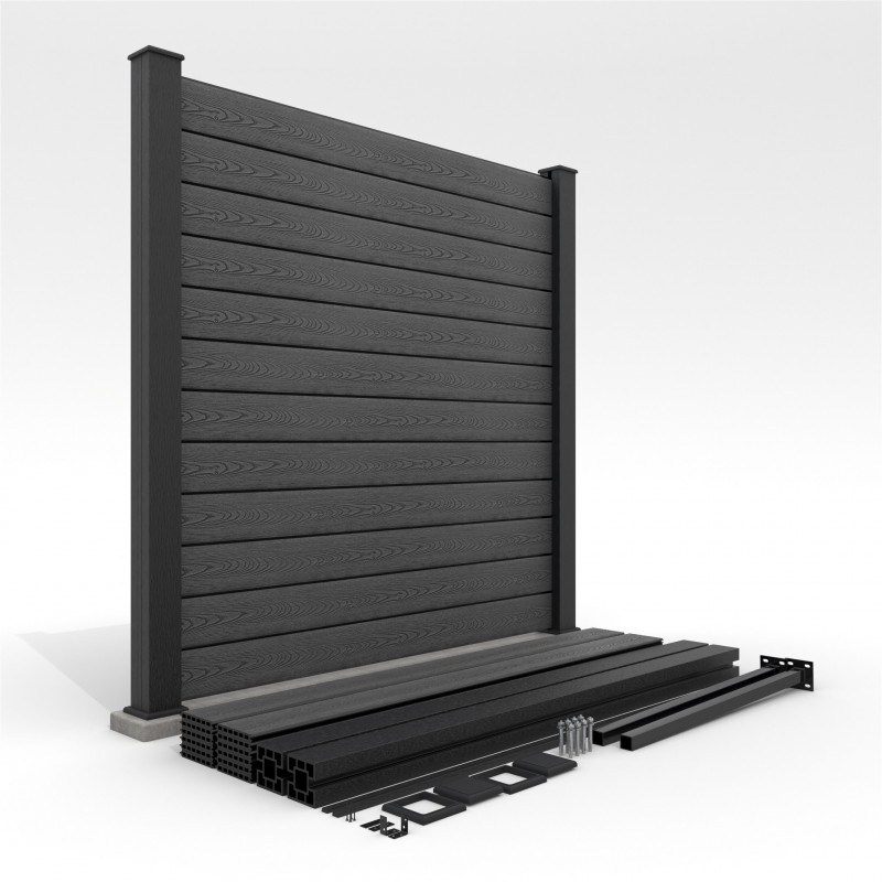 Bausatz, WPC Zaun Komplett-Set mit WPC-Pfosten (zum Aufschrauben), Schwarz