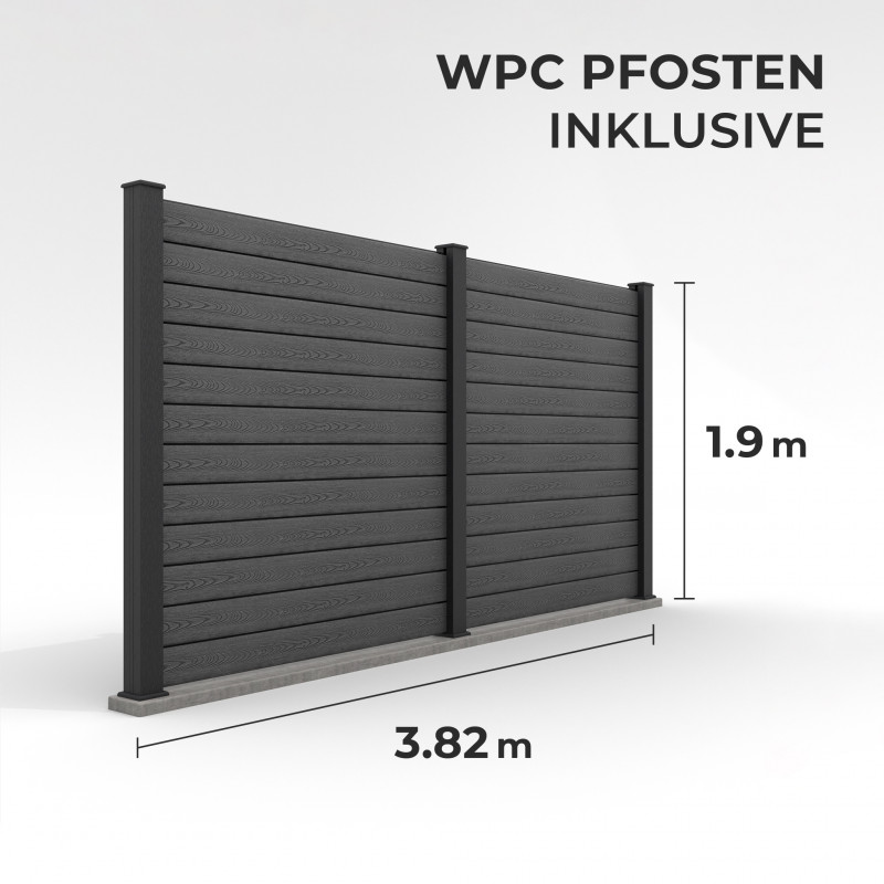 Bausatz, WPC Zaun Komplett-Set mit WPC-Pfosten (zum Aufschrauben), Schwarz