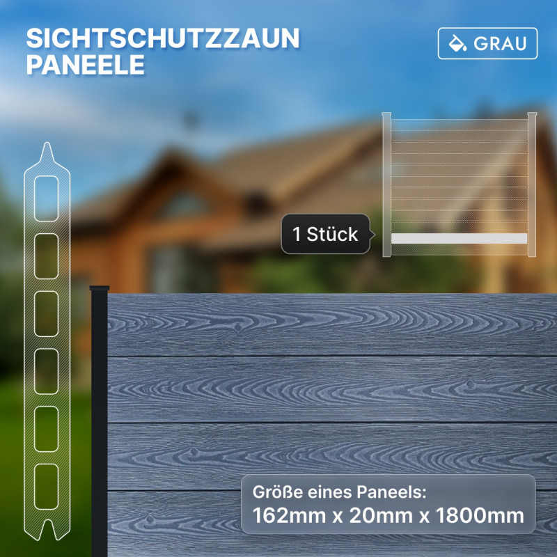 WPC-Zaunelemente, Steckprofil in Holzoptik, Dunkelgrau