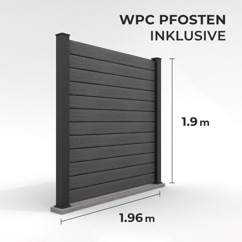 Bausatz, WPC Zaun Komplett-Set mit WPC-Pfosten (zum Aufschrauben), Schwarz