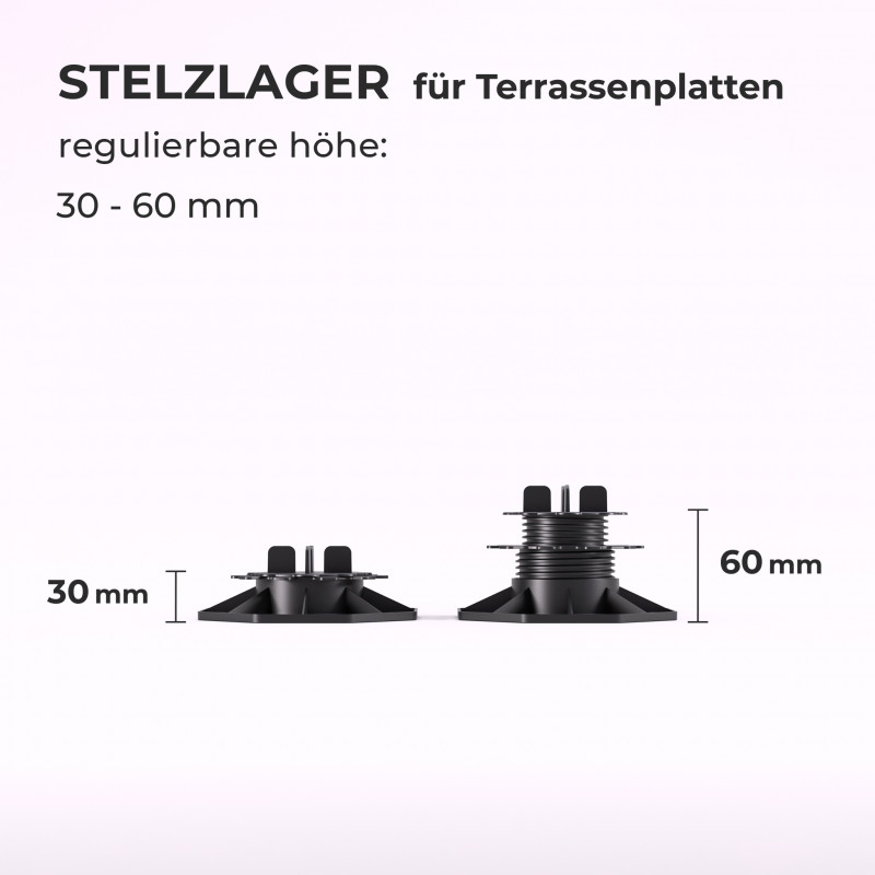 Stelzlager höhenverstellbar für Terrassen-Platten, 4 Größen (18–220 mm)