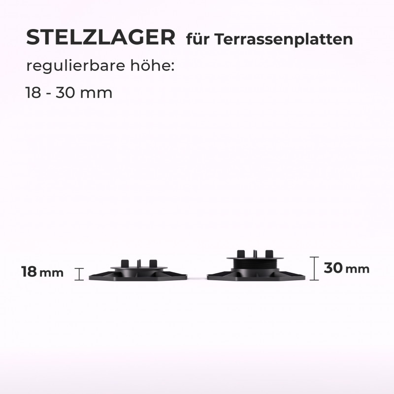 Stelzlager höhenverstellbar für Terrassen-Platten, 4 Größen (18–220 mm)