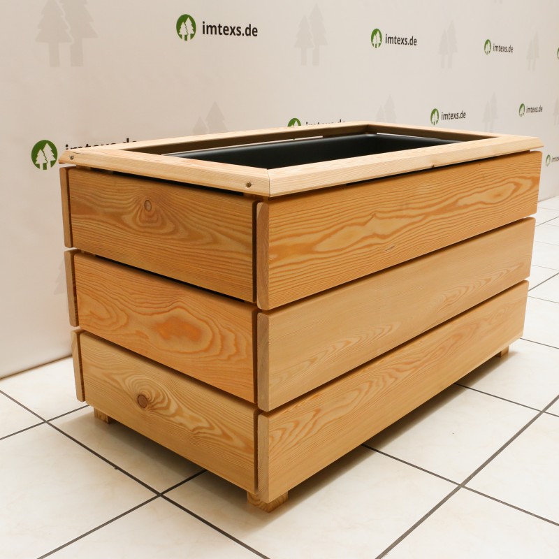 Hochbeet ohne Sichtschutz, aus Sibirischer Lärche, mit Pflanztrog, abnehmbare Abdeckleiste und mit Abdeckung, fertig montiert.