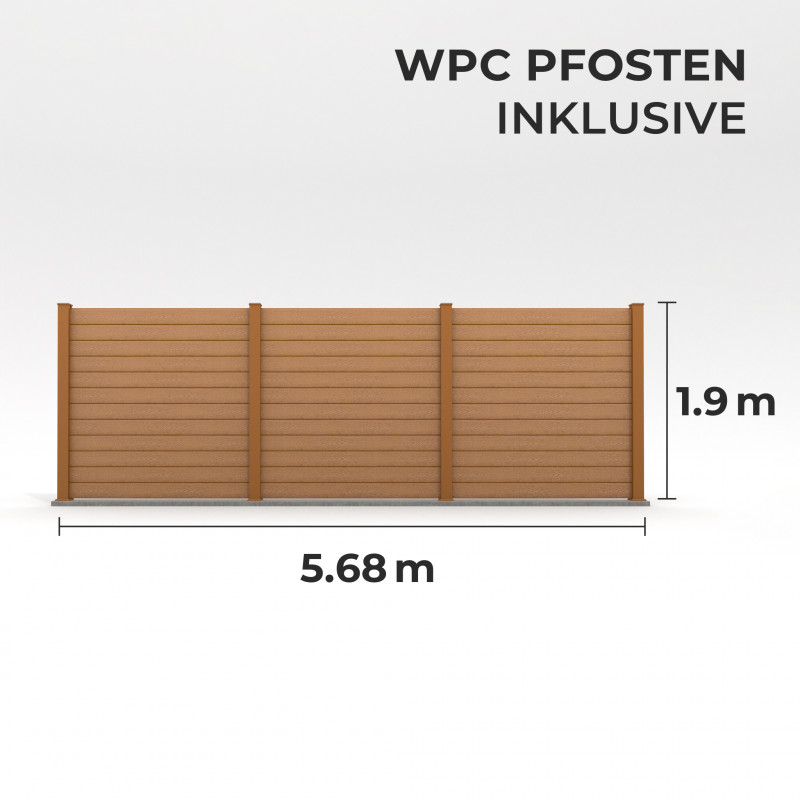 Bausatz, WPC Zaun Komplett-Set mit WPC-Pfosten (zum Aufschrauben), Hellbraun
